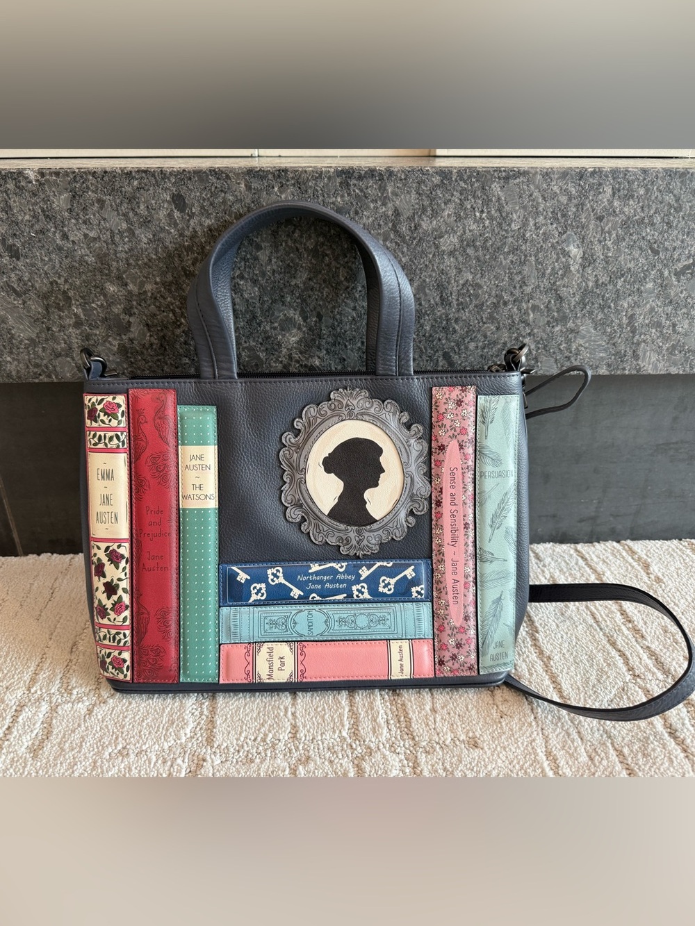 Novel-Print Tote Bag with Multicolor Book Spines